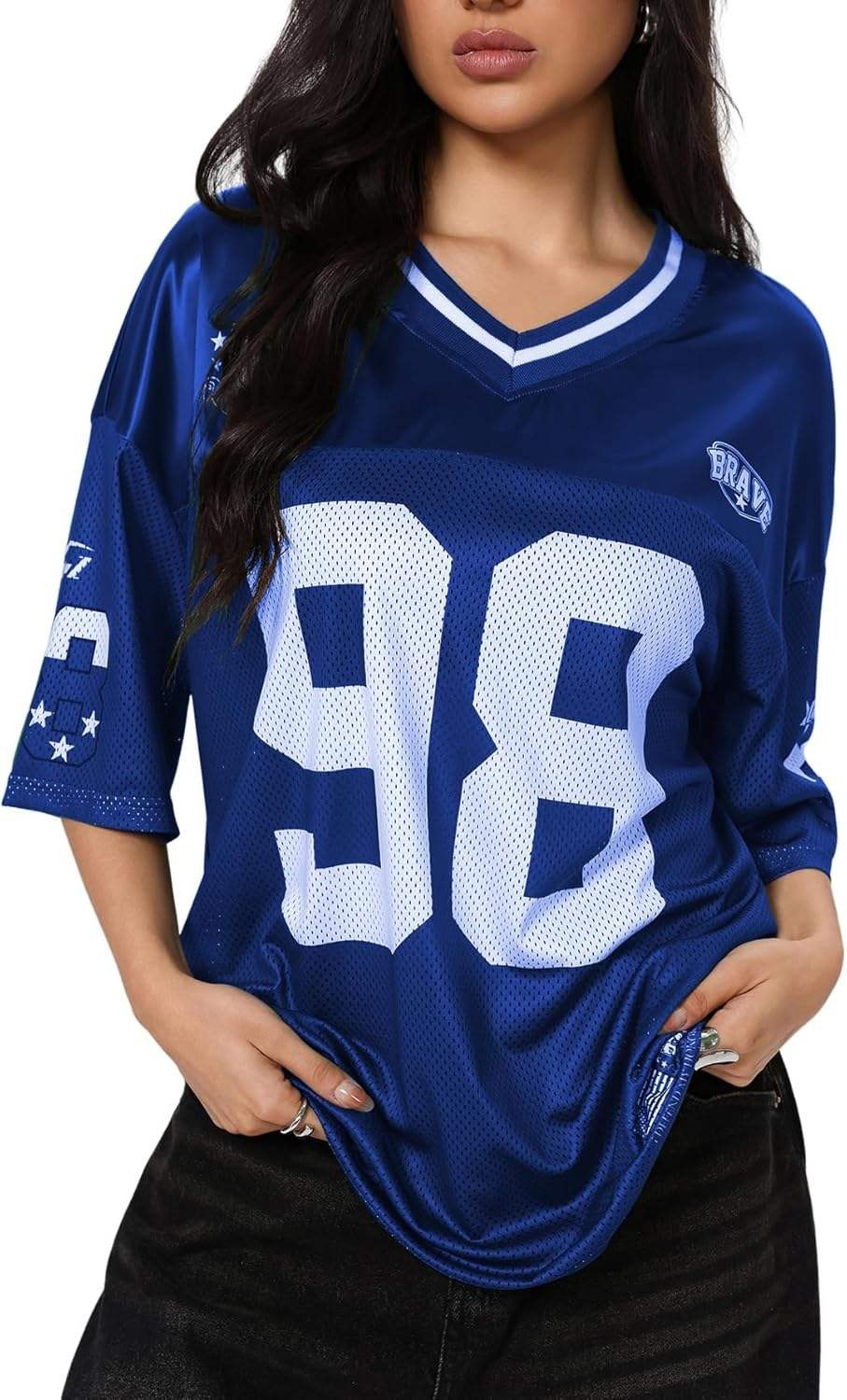 Oversized V-Neck Football Jersey Short Sleeve Shirt Tops
